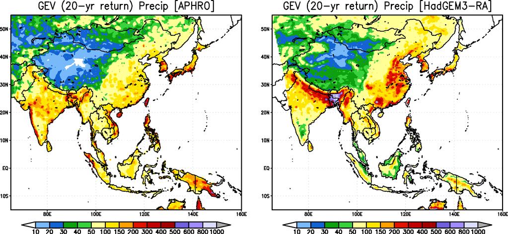 GEV analysis : 20-year return value precipitation GEV analysis: 20-year return value of maximum daily precipitation Observation HadGEM3-RA In EAS