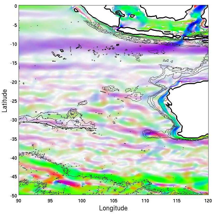 Meridional structure of striations Annual mean current meridional section (averaged 90-95E) Depth (0-4500 m) averaged
