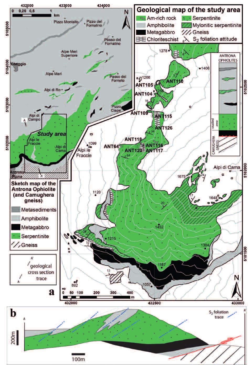 170 Fig. 2 - Geology of the study area. a) Geological map of the Antrona ophiolite with location of the study area (inset).