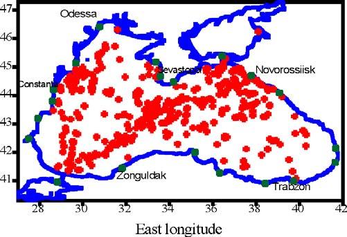 Distribution of oil spills in the Black Sea derived from 68 SAR images SAR images from