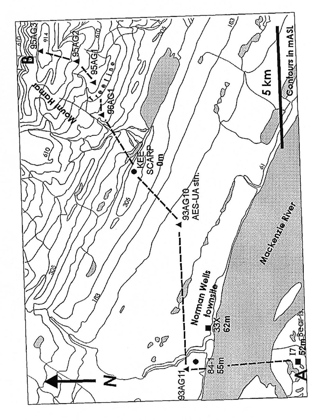 Figure 1 (a). Location of Norman Wells and Mount Hamar in the Mackenzie Valley, discontinuous permafrost zone, Canada. Sites are labelled, e.g., "95"= 1995, year of installation; "AG"=air and ground temperatures; "3"=site number; "84-1", Norman Wells pipeline monitoring site; "33X", "I7", deep petroleum wells.