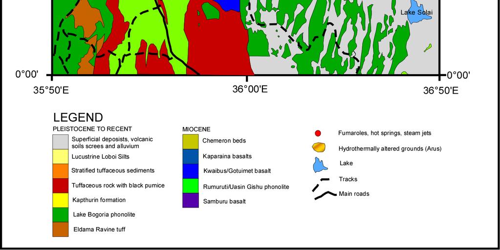 FIGURE 14: Geological map of the Lake Bogoria Arus prospect FIGURE : Locations of fumaroles and hot springs in the Lake Bogoria area The geothermal manifestations occurring in the prospect include