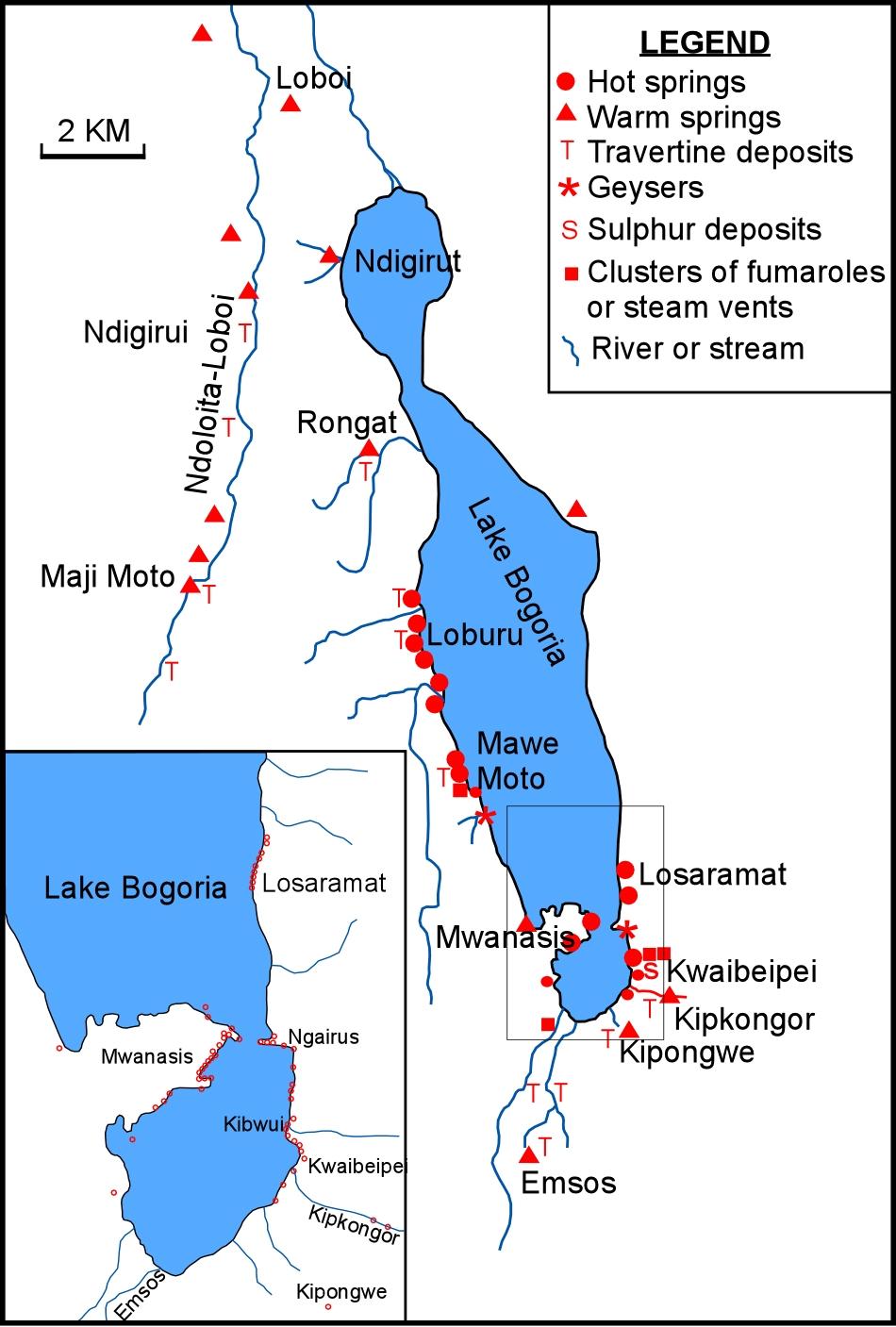 Most o these manifestations occur along the shores of Lake Bogoria and at the Arus springs (Figure ).