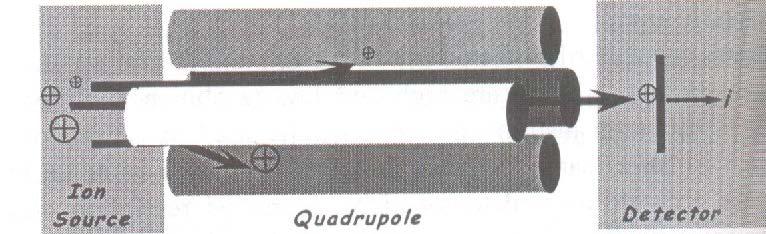 Quadrupole Mass Analyzer (Q) A continuous beam of ions enters one end of of this assembly and exits the opposite end to be detected by a high voltage detector.