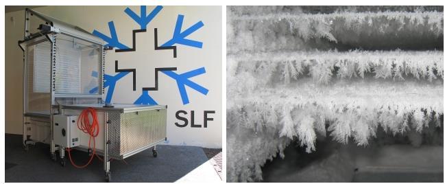 Figure 10. : SnowMaker (left) and nature-identical dendritic snow on the cultivating threads (right).