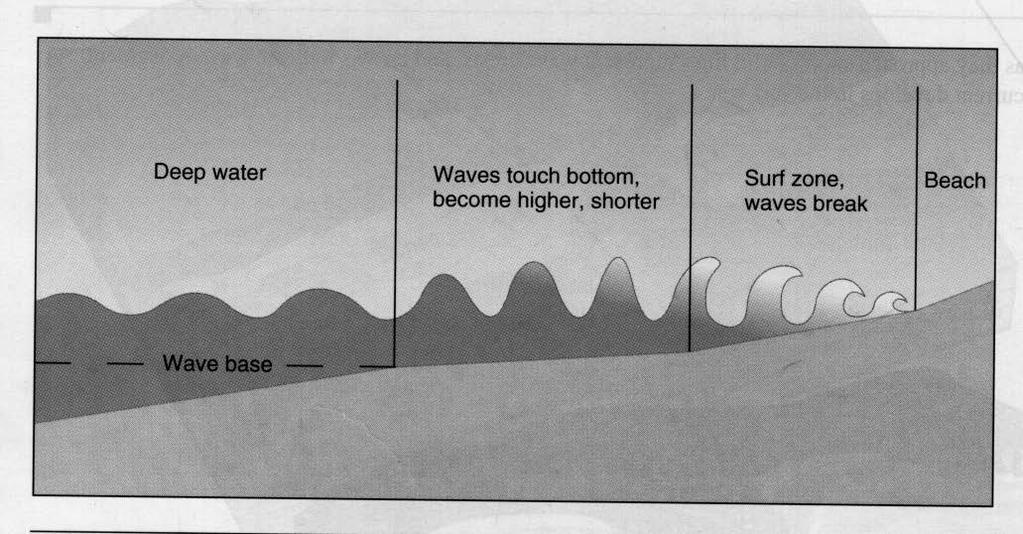 Crest is the top of wave Trough is the bottom of wave Height distance from trough to top of crest Wavelength distance from crest to crest Wave Base depth below wave crest at which wave motion ceases,
