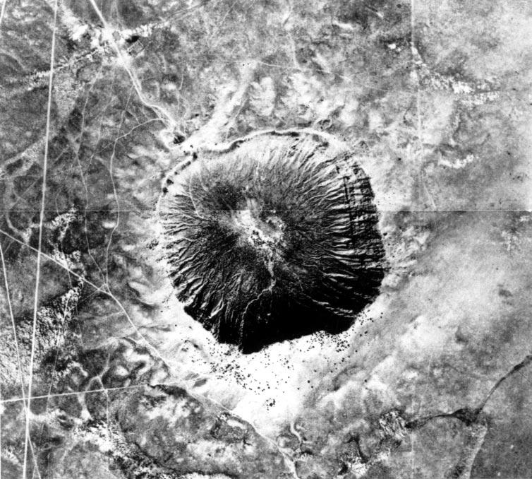 Figures 2.7.a., 2.7.b. Meteor Crater, Arizona: (a) vertical view, (b) oblique view.