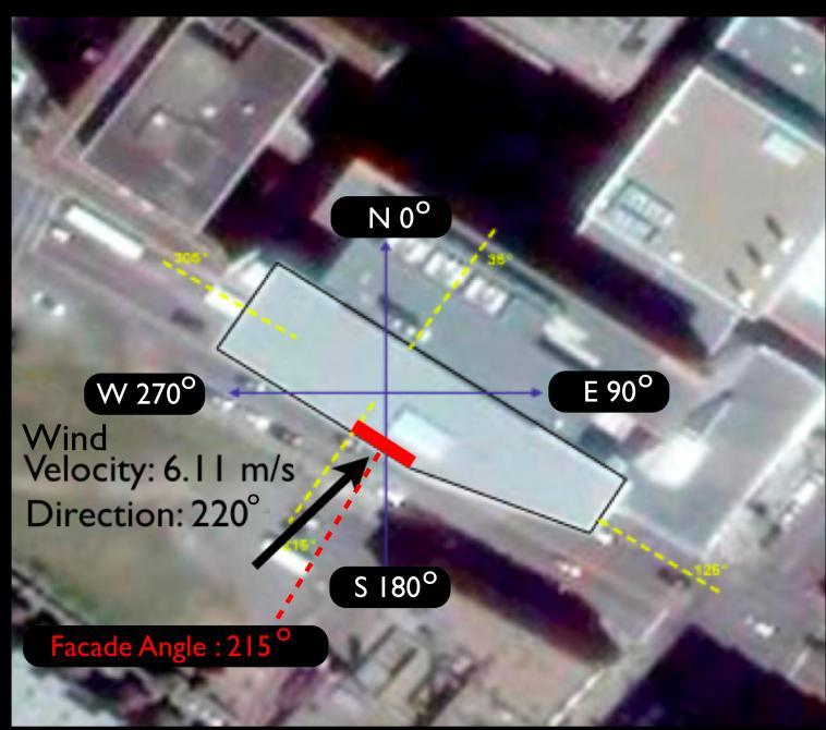 Figure 3-15 The orientation of the Concordia building The surface of the facade shown in red is at angle of 35 o west of south.