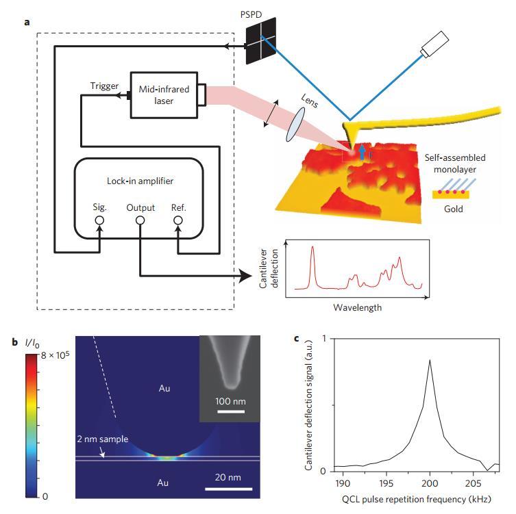 Another approach: Photothermal AFM (mechanical detection) cantilever incoming light tip tip enhanced light sample substrate Material specific wavelengthselective