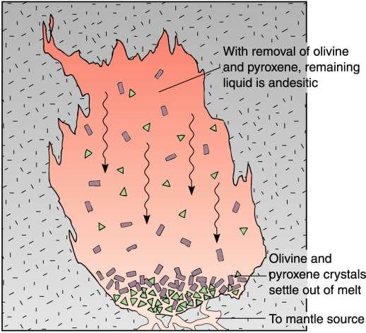 Fractional crystallization of a basaltic magma Silicate minerals form in order according to Bowen s Reaction Series While the magma is