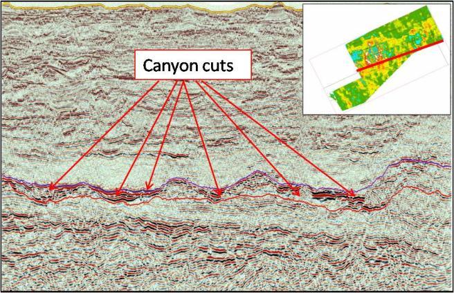 Fig. 10D RC line showing the Canyons further down slope with further change in aspect ratio. Fig. 11B Seismic Crossline passing through the low stand canyon-fill deposit where it is best developed.