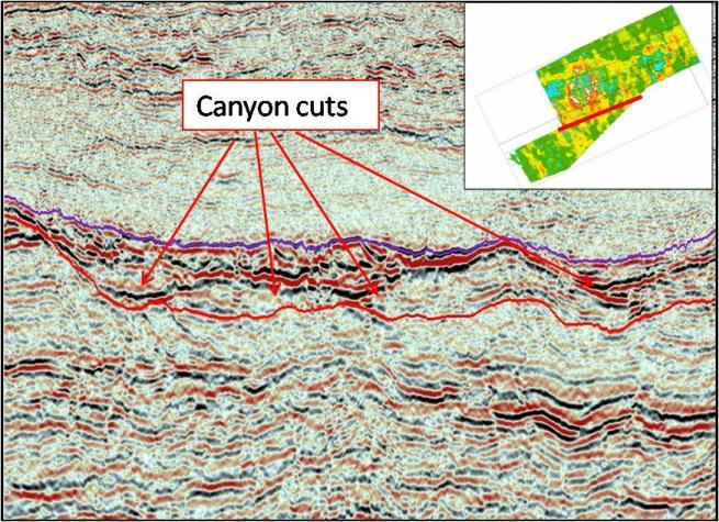 10E RC line showing down slope evolution of three main canyons that show coalescing effect and further change in aspect ratio Even though Mahanadi Deepwater Offshore Basin has been under active