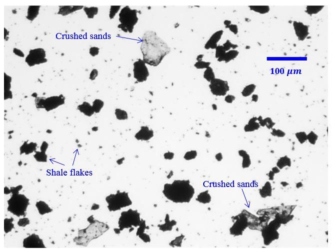 Fig. 5.20 Shale flakes and particles mixed with crushed proppants. Statistically, fines generated from shale are much smaller than the crushed proppant fragments.