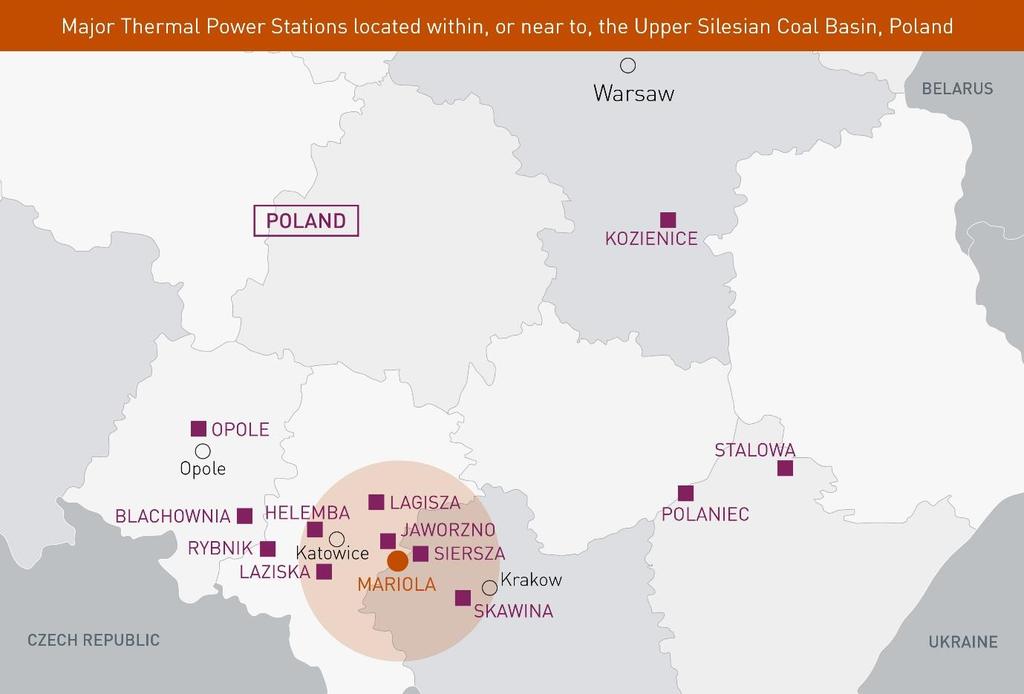 Figure 1 Location of Mariola Project in southern Poland near to 12 operating power stations, including adjacent Siersza (Tauron) Power Station circa 2kms from the concession.