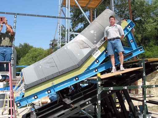 showing gas gun and full-scale Orbiter leading edge test