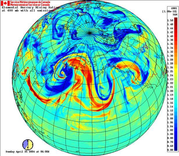 Simulated air concentrations of mercury(ng/m3) for April 23-25, 2004 at 500mb showing episode of Asian outflow of mercury observed at Mt.