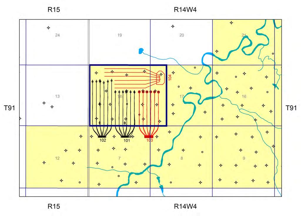 Drilling and Completions Well Layout Phase 1 Drilling Program Approved Development area outlined in blue Drilled to date (black): Pad