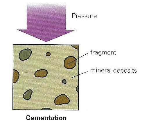 The deposition of sediments in layers, in lakes or seas, takes place over millions of years. The deposited sediments are transformed into compact, cohesive rocks by two processes: - Compaction.