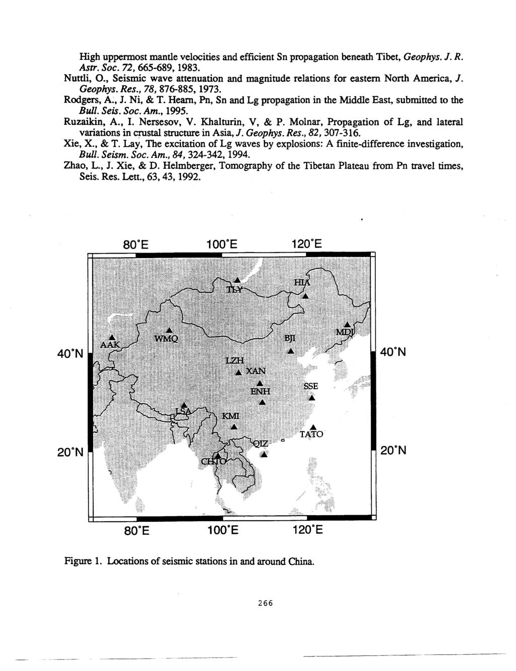 High uppermost mantle velocities and efficient Sn propagation beneath Tibet, Geophys. J. R. Astr. Soc. 72, 665-689, 1983. Nuttli, 0.