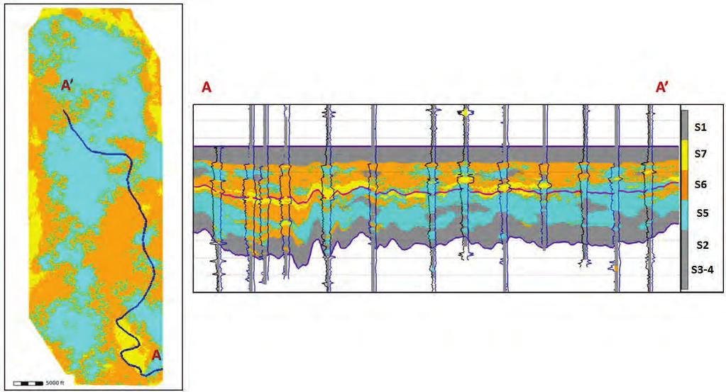 URTeC: 2153382 8 The seven seismic facies at log resolution in Figures 9-11 merge into six seismic facies after upscaling to seismic resolution.