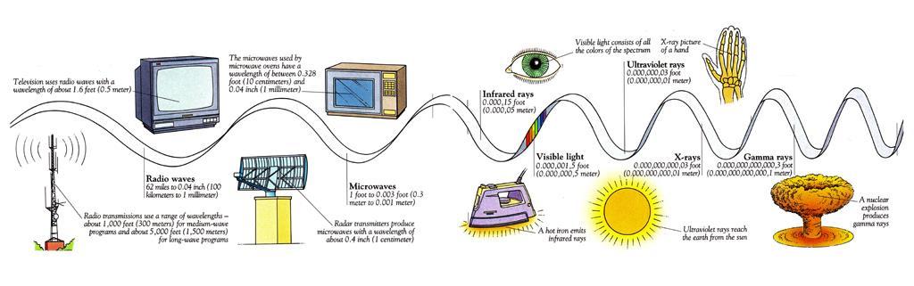Electromagnetic spectrum - radio waves, microwaves, infrared, visible