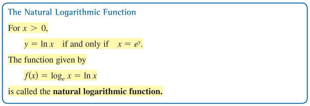 The Natural Logarithmic Function The function f (x) = e x is one-to-one and so has an inverse function.
