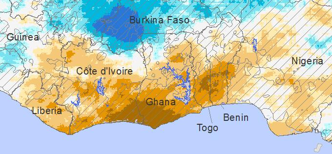 Areas of Concern: Ghana and Chad-Niger August 2015 rainfall as a percentage of the average and NDVI in early September 2015 as a percentage of the average.