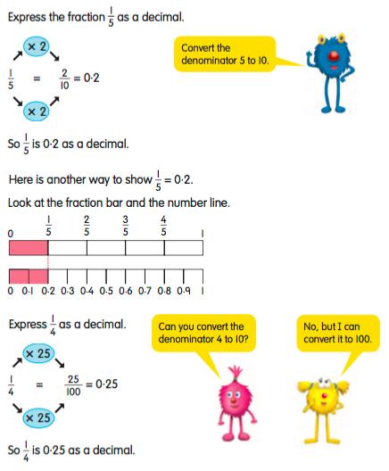 mixed number and a whole number: - Fractions and decimals: expressing a fraction