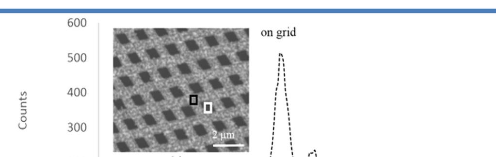 SEM Data EDS scan on and off the silver nanogrid pattern (a). EDS spectra of both scans (b). Sanders. W. C., Valcarce, R., Iles, P., Smith, J. S.; Glass, G.