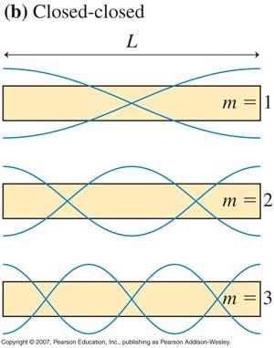 Fundamental wavelength and frequency: L = ½ λ 1 so λ 1 = 2L f 1 = v λ 1 = v 2L