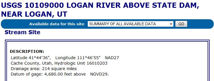 Before we start The USGS NWIS website for the Logan River: http://waterdata.usgs.gov/nwis/inventory?agency_code=usgs&site_no=10109000 gives the following information about the Logan River Stream Site.