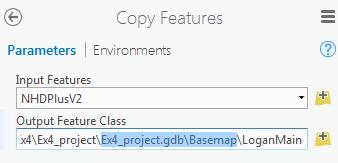 Right click NHDPlusv layer and select Data Export Features and save the selected features as LoganMain in the Logan.gdb\Basemap feature dataset. This is a feature representing just the Logan River.