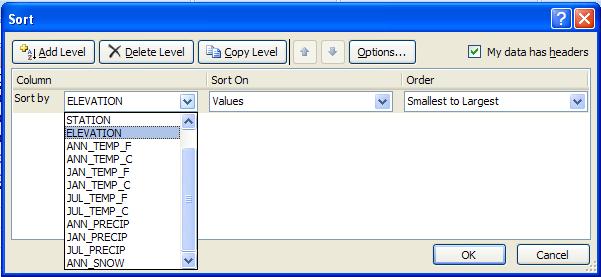 4. Under Column pull down the Sort by menu and choose Elevation. 5. Under Order pull down the menu and choose Smallest to Largest. 6.