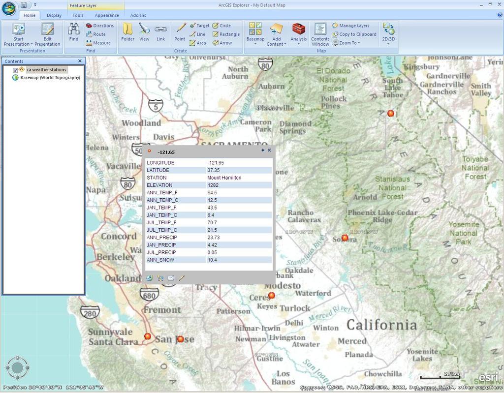 Part 2 - Learn how to read the map layers tabular data in ArcGIS Explorer 1. Select ca weather stations on the left hand Contents panel on the left hand side of your ArcGIS Explorer Desktop window. 2. Click on any one of the weather stations to view tabular information about that station.