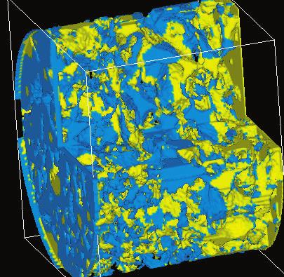 lattice-boltzmann simulation of the forced displacement of oil (yellow) by water (blue) within a porous rock.