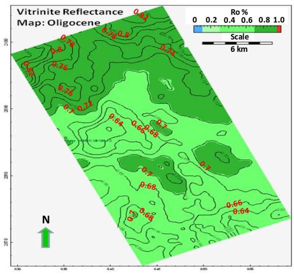 5: Present day Vitrinite Reflectance Maps for Eocene & Oligocene Source Rocks indicating Eocene source rock is in dry gas window and Oligocene source rock is in oil window oxidizing environment,