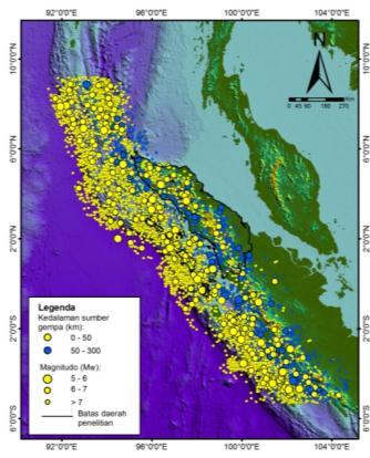 Figure 3. Map of seismicity around Sumatra from compiling catalogs 3.2.