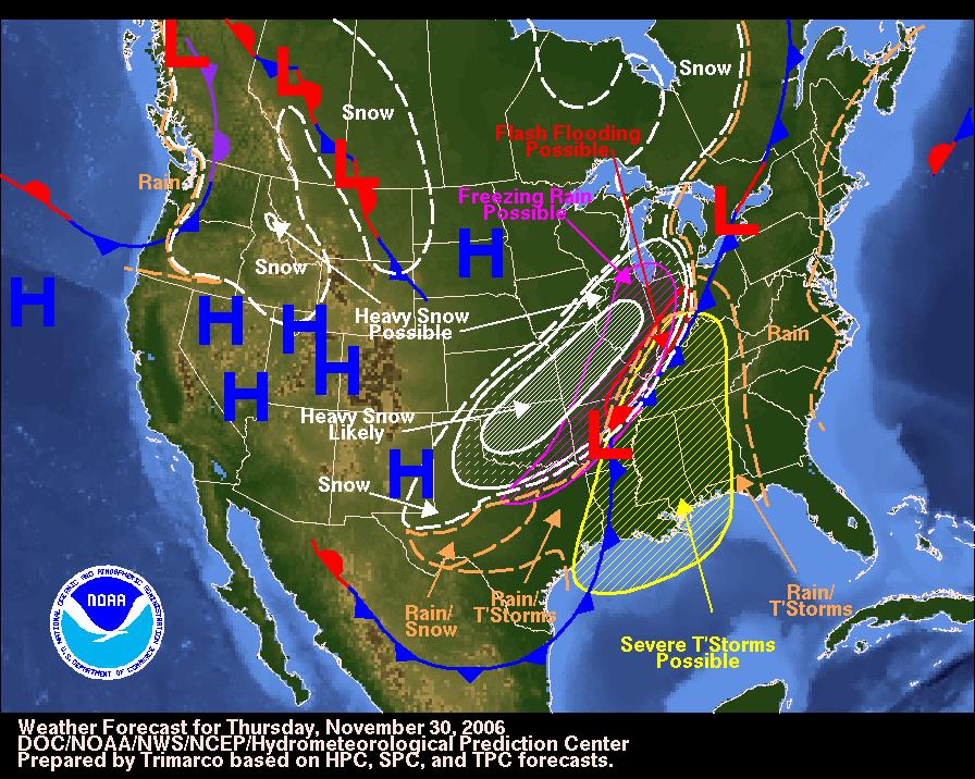 Weather maps snapshots of the conditions of an area at a particular time & place. Most weather maps are generated and distributed by the National Weather Service.