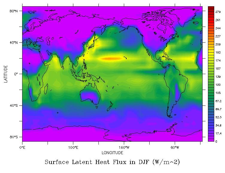 Surface latent heat averaged over 50 years igh evaporation over ocean regions with war