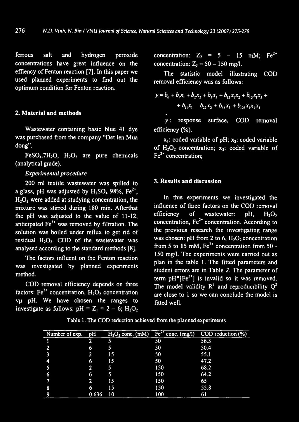 Fenton reaction [7]. In this paper we used planned experiments to fmd out the optimum condition for Fenton reaction. 2.