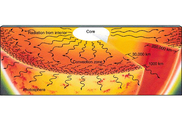 Core, Radiation Zone, Convection Zone Heat/energy produced in hot dense core (15 million Kelvin)