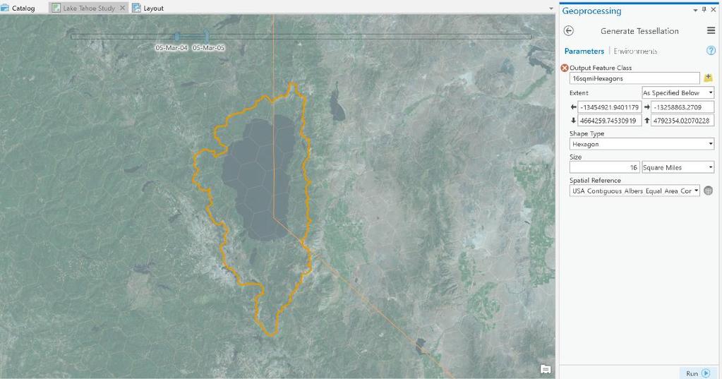2.4.2 Data Organization and Transformation Figure 9 Lake Tahoe Watershed Hexagon Grid To begin organizing the data within the single drought shapefile, the Lake Tahoe Watershed was divided into an