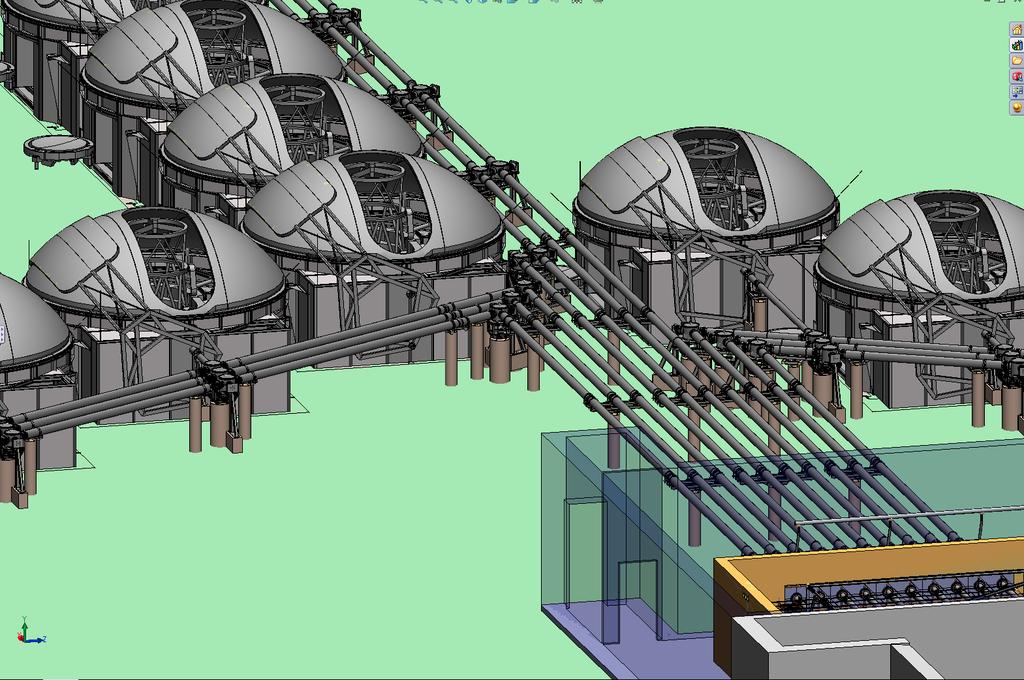 Figure 1: A rendering from a CAD model of the MROI array, showing the telescopes in a close-packed configuration with 7.8 m center-to-center spacings.