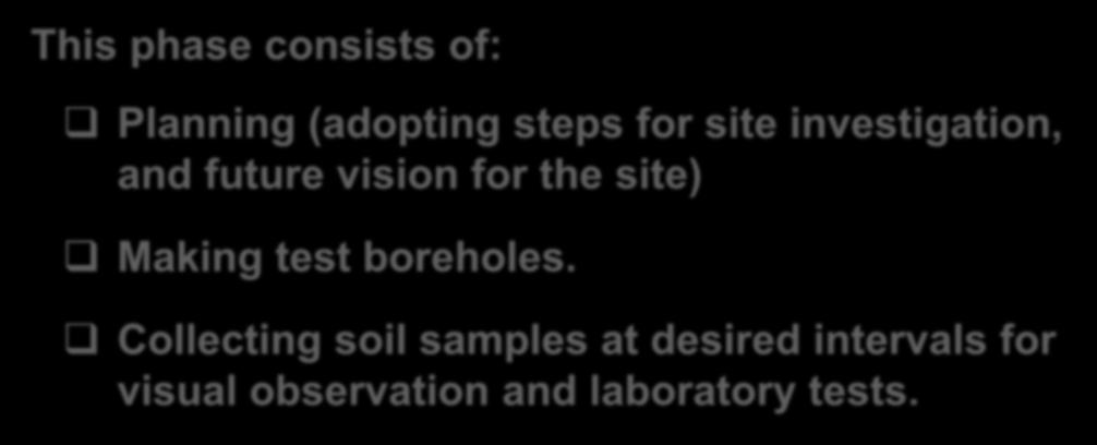 III. SITE INVESTIGATION This phase consists of: Planning (adopting steps for site investigation, and future vision for