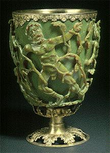 Absorption from Gold Nanoparticles at the Example of the Roman Lycurgus Cup (British Museum) glass with small amounts of silver (300 ppm) and gold (40 ppm) with a