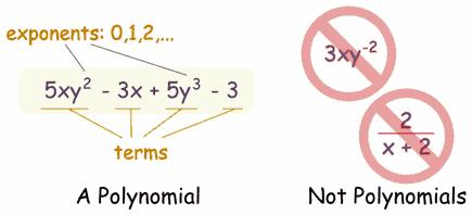 Polynomials and Polynomial Equations A Polynomial is any expression that has constants, variables and exponents, and can be combined using addition, subtraction, multiplication and division, but: no