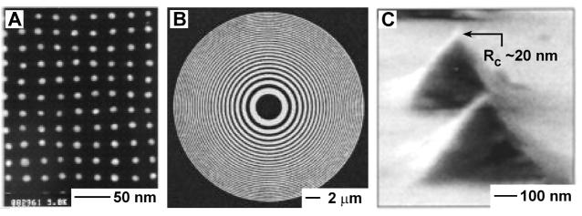 UNCONVENTIONAL NANOFABRICATION 349 Figure 6 (a,b) SEM images of structures patterned by nanoimprint: (a) 10-nm diameter metal dots with a periodicity of 40 nm (98) (reprinted with permission, c AIP