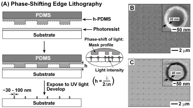 358 GATES ET AL. Figure 12 (a) Schematic illustration of phase-shifting edge lithography using a topographically patterned composite PDMS stamp in contact with a photoresist.