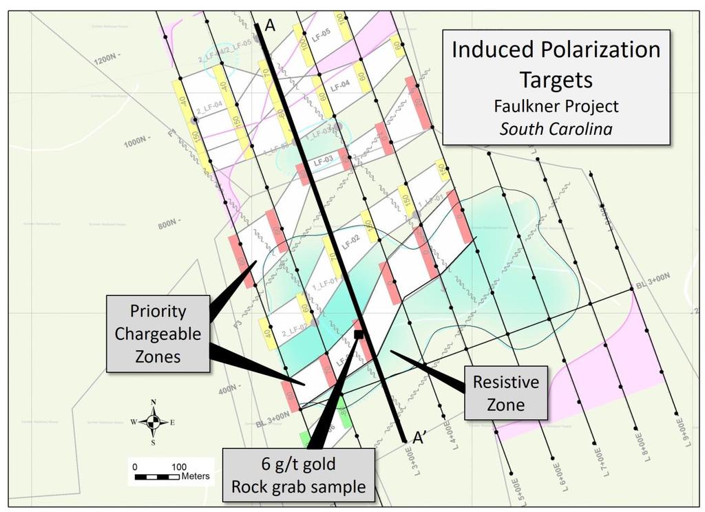 At the Landrum-Faulkner property, mapping has outlined multiple parallel zones of sericitic and silicic alteration extending over the entire length of the grid.