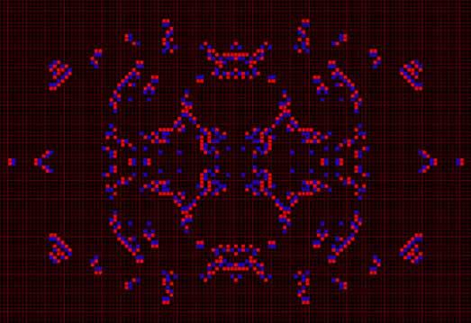 98 CHAPTER 4. TWO-DIMENSIONAL AUTOMATA Figure 4.25: The three state cellular automaton Brian s Brain created by Brian Silverman. Waves of live cells tend to sweep across the array.